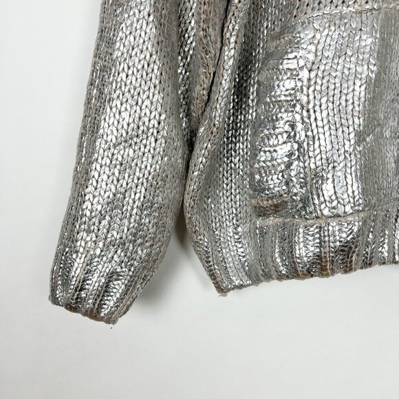 Zara Sweater Women's Large Metallic Silver Foil Hooded Knit Pullover Sweatshirt - Picture 5 of 15